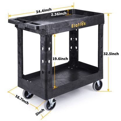 ELAFROS Heavy Duty Plastic Utility Cart 34 x 17 Inch - Work Cart Tub Storage W/Deep Shelves and Full Swivel Wheels Safely Holds up to 550 lbs - 2 Tier Service Cart for Warehouse,Garage, Cleaning
