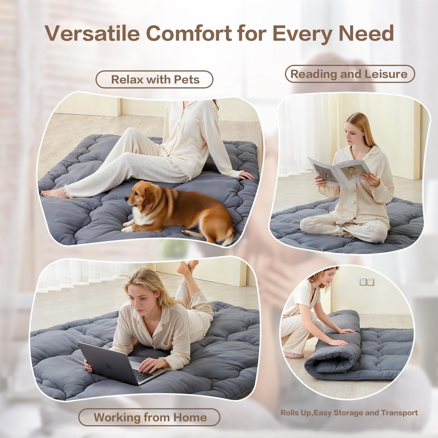 SAPHREAS Japanese Futon Mattress Floor Mattress Twin, Foldable Roll Up Bed Mattress Topper with Elastic Straps, Tatami Mat Sleeping Pad for Camping, Grey