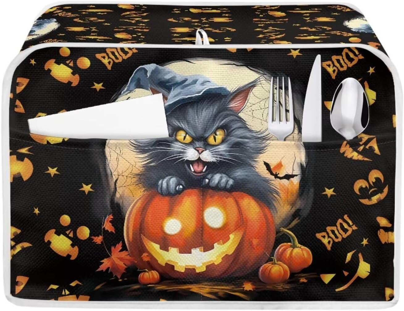 Black Cat Toaster Cover for 2 Slice Long Slot, Washable Pumpkin Dust Cover for Halloween Kitchen Decor