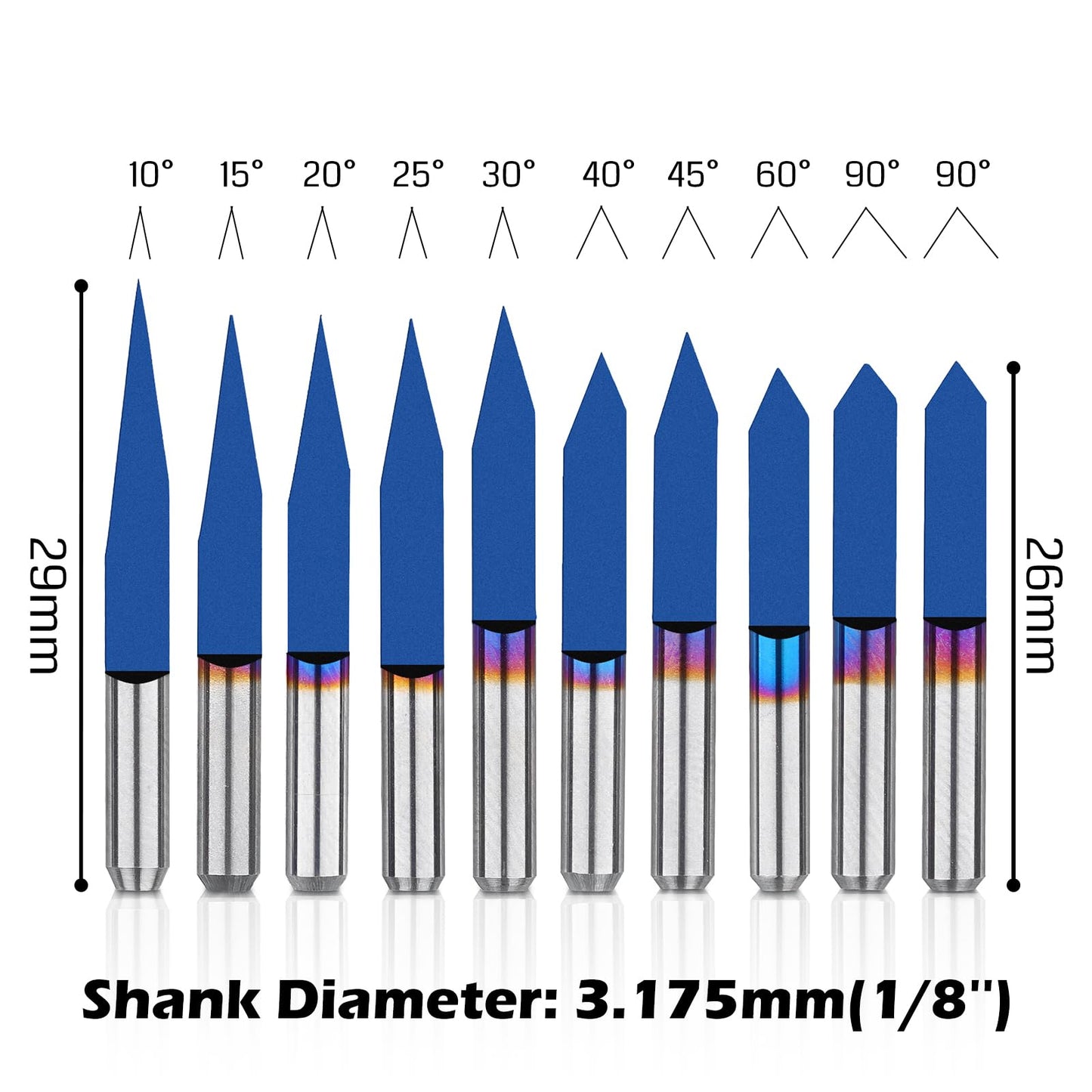 Genmitsu 10 Pcs 1/8" Shank V-Groove CNC Router Bits, 10 /15 /20 /25 /30 /40 /45 /60 /90 Degree Set, Nano Blue Coat Conical V-Bit, Engraving Tool for CNC Signmaking Carving Lettering 2D&3D Sculpture