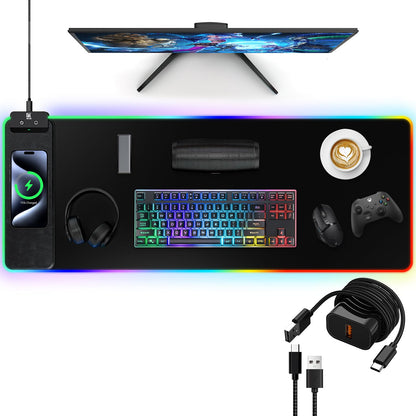 Mouse Pad with Wireless Charging, Large Desk Mat RGB Gaming Mousepad, 10 Light Colors LED Gaming Pad Keyboard Pad with Ultra-Smooth Surface & Non-Slip Rubber Base, Waterproof Full Desk Mouse Pad