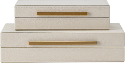 Regine Switzerland Set of 2 Beige Shagreen Decorative Storage Boxes - Faux Leather Jewelry & Memory Organizers