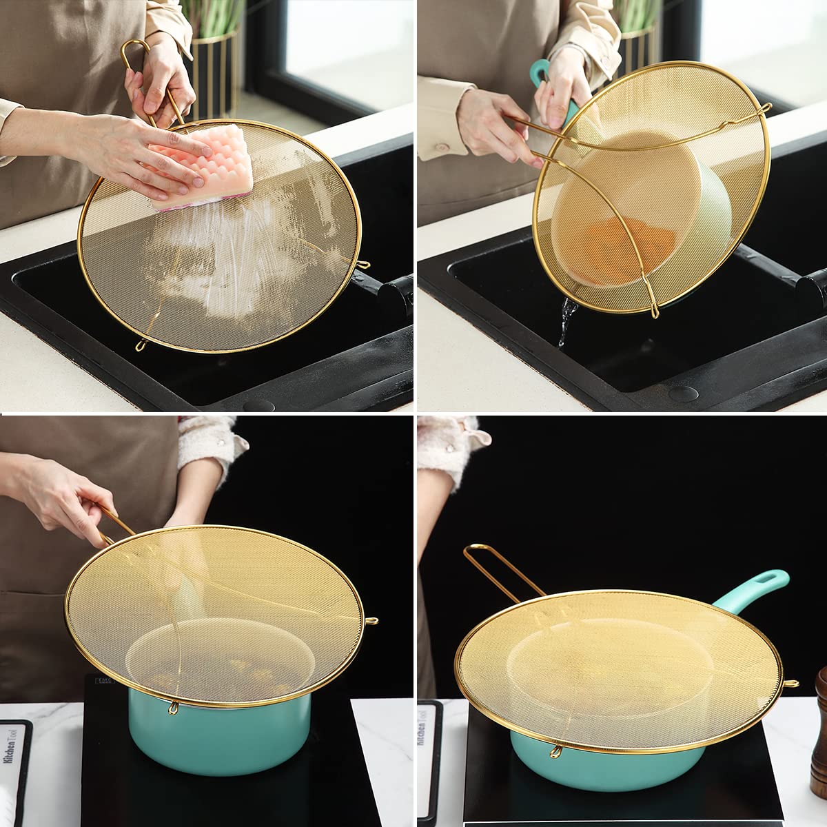Evanda 12" Gold Splatter Screen for Cooking, Stainless Steel Fine Mesh for Frying Pan, Grease Guard for Pan to Stop Hot Oil Splatter, Protect the Skin From Burns, Safe Cooking Lid