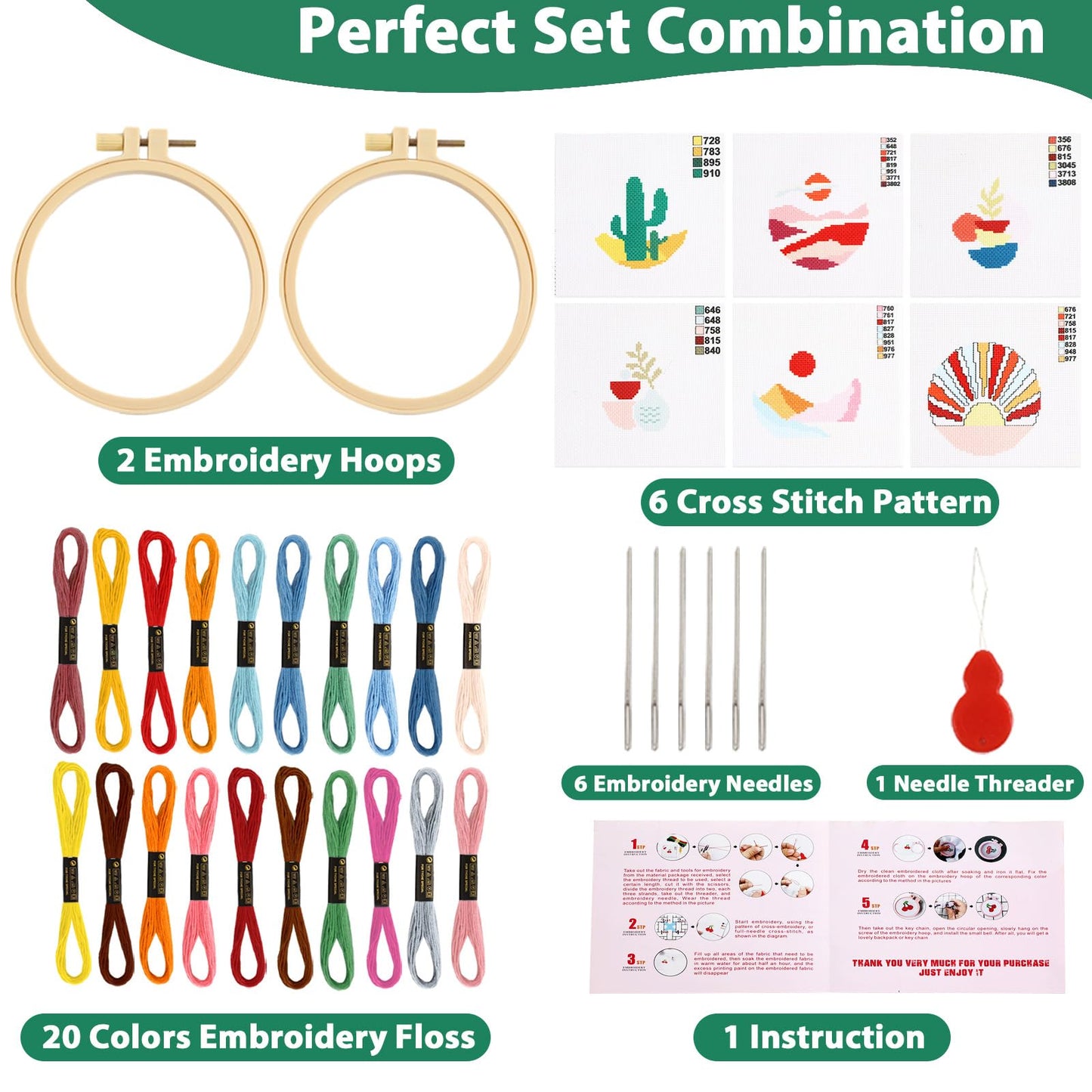 ZOIIWA 6PCS Cross Kits for Beginners DIY Embroidery Kit for Adults Boho Cross Kits Christmas Birthday Gift Abstract Landscape Needlepoint Patterns with 2 Embroidery Hoops Craft Supplies