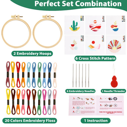 ZOIIWA 6PCS Cross Kits for Beginners DIY Embroidery Kit for Adults Boho Cross Kits Christmas Birthday Gift Abstract Landscape Needlepoint Patterns with 2 Embroidery Hoops Craft Supplies