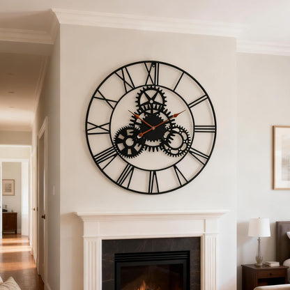 AMAATE Steampunk Wall Clock 32 Inch, Industrial Metal Gears with Roman Numerals, Retro Distressed Finish Mechanical Art for Bar, Living Room, Cafe Decor