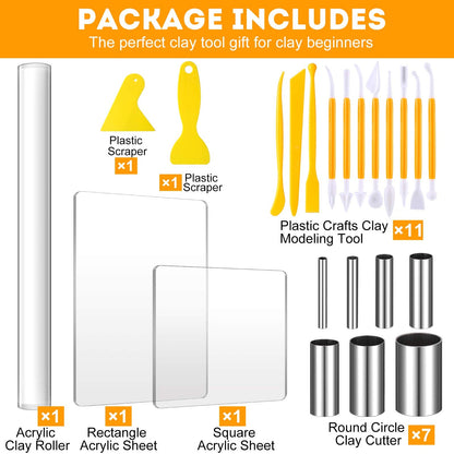 Honoson 24 Pcs Clay Sculpting Tools Kits Polymer Clay Tools DIY Set with Roller, Acrylic Sheet, Scraper Backing Board, Round Circle Shape Cutter, Shaping for Art Craft(Yellow)