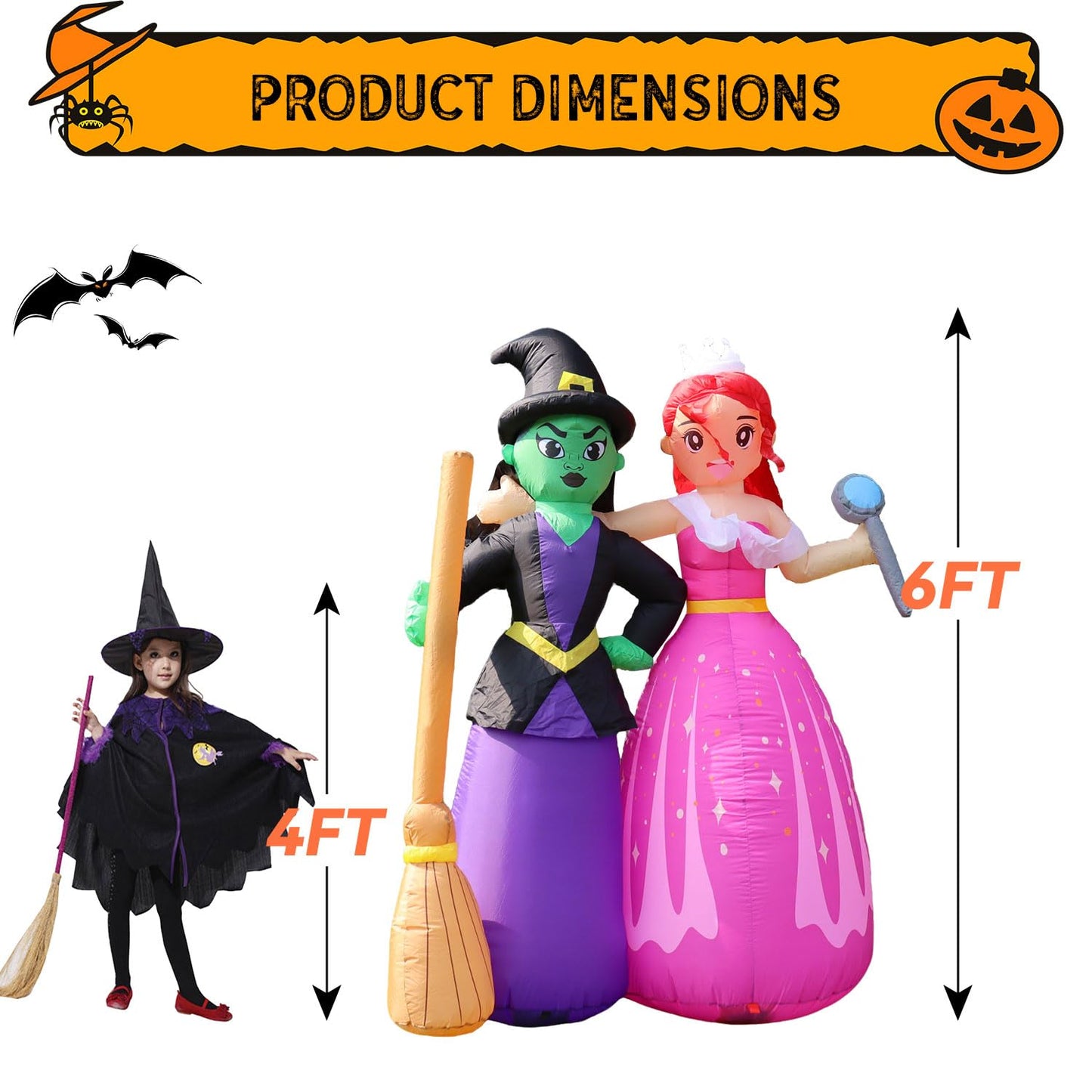 6FT Halloween Inflatable Witch Sisters with Magic Wand and Broom, Holiday Outdoor Blow Up Decorations Built-in LEDs for Halloween Party Supplies, Yard Indoor Garden Lawn Patio