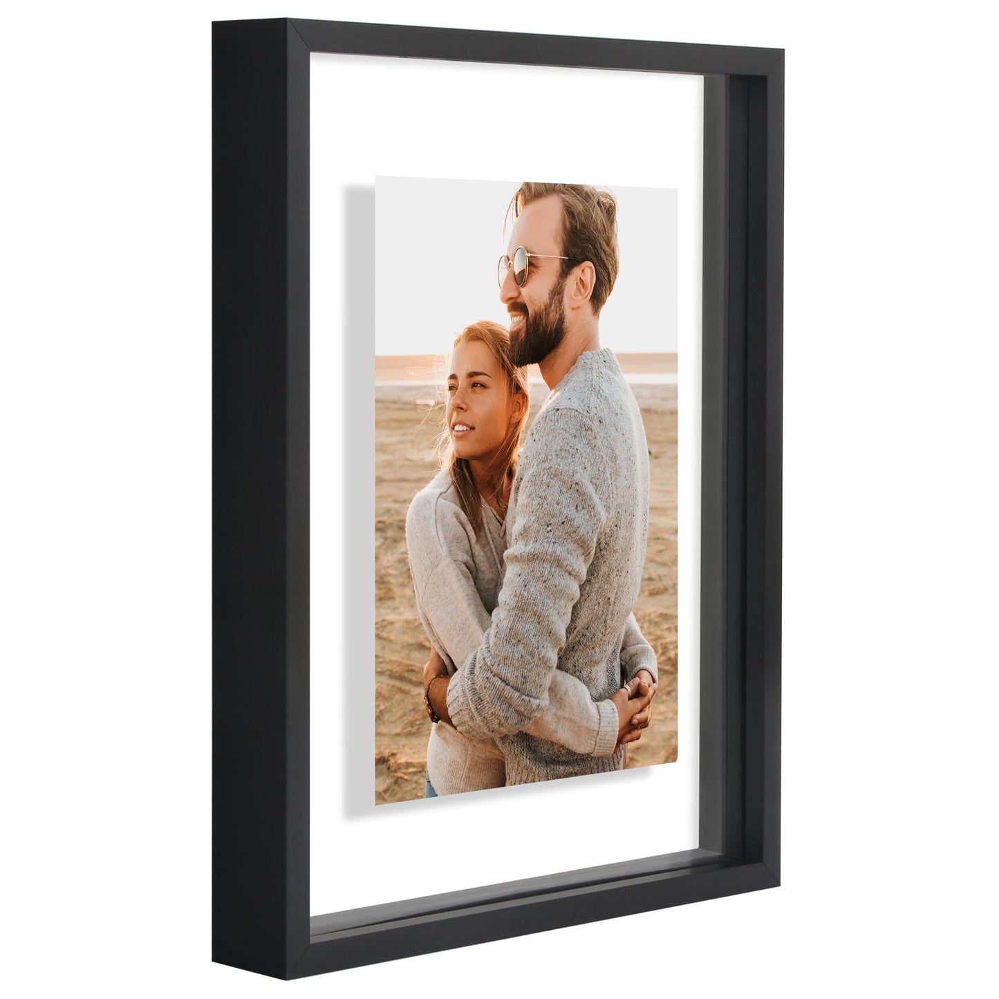 Americanflat Aluminum 8x10 Floating Picture Frame with Shatter-Resistant Glass - Set of 2 - Use as 5x7 Picture Frame or Display 8x10 Photo - Signature Float Collection - Photo Frames for Wall - Black