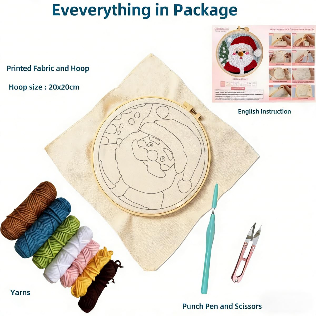 DIY Punch Needle Kits for Beginners Santa Claus with Hoop Punch Needle Starter Craft Embroidery Set Easy for Adults and Children Festival Gift and Decoration 20x20cm-9