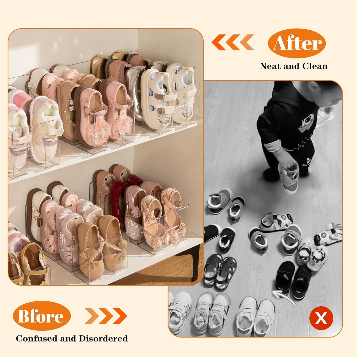 2PACK Closet 4 Clear Acrylic Kids Shoe Rack for Organizers and Storage, Small Clear Shoe Rack Sections Toddler Baby