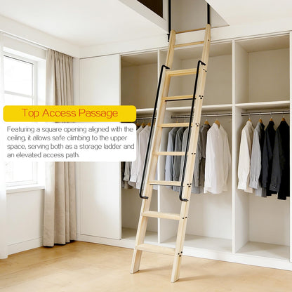 104RDHOUSE 96in Attic Rolling Library Ladder, 8 Step Wooden Ladder with,Loft Ladder Bookshelf,Wall Stairs Red Oak Stair Platform Bunkbed Ladder,for Home Kitchen,Warehouses,Bookstore,DIY Stain