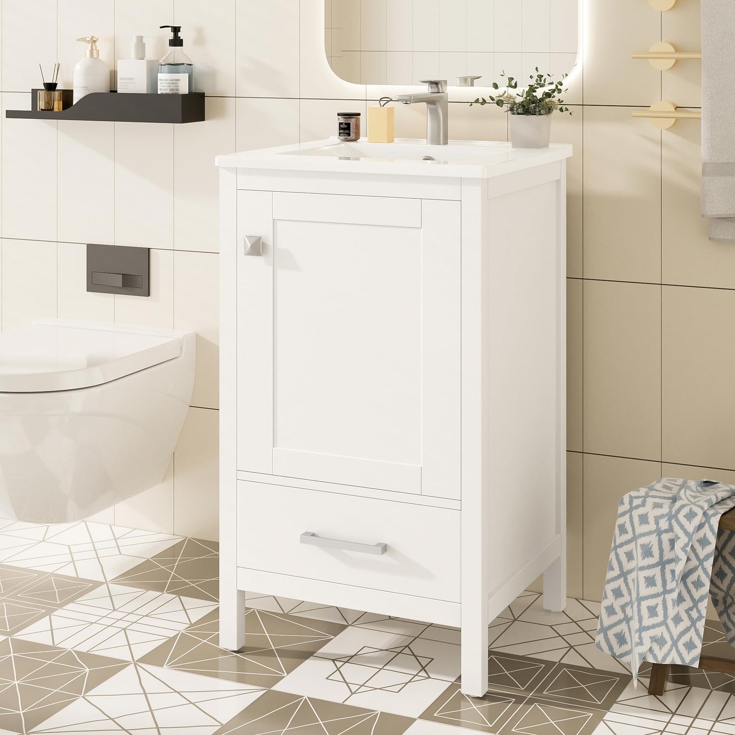 Merax 20" Bathroom Vanity with Ceramic Sink, Soft-Close Drawer & Door, Double-Layer Door Organizer, Divider Drawer, Adjustable Foot Pads, Modern Freestanding Storage Cabinet for Small Bathrooms