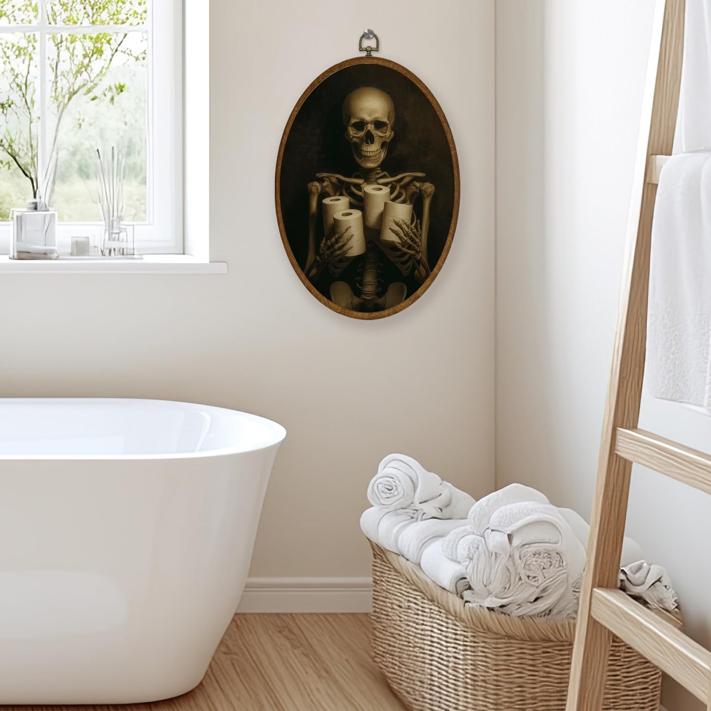 WULQYING Funny Gothic Skeleton Bathroom Wall Art Decor, Dark Academia Skeleton Oval Framed Canvas Art Prints, Halloween Wall Hanging Decor for Home Bathroom Washroom Restroom Toilet, 8.6x11.4 Inches