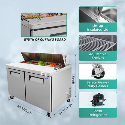 ORIKOOL 48" Commercial Sandwich Prep Table Refrigerator - 2 Door Stainless Steel Fright, 14 Cu.Ft Capacity, Low Noise, Adjustable Shelves, Auto Defrost, Digital Temp Control