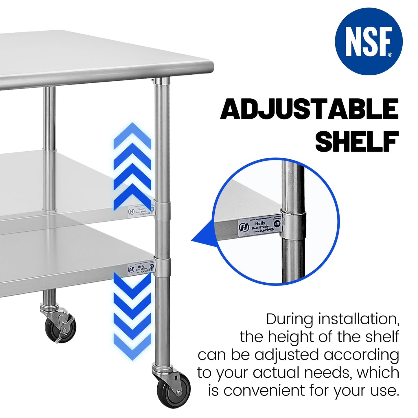 Hally Stainless Steel Table for Prep & Work 30 x 48 Inches with Caster Wheels, NSF Commercial Heavy Duty Table with Undershelf and Galvanized Legs for Restaurant, Home and Hotel