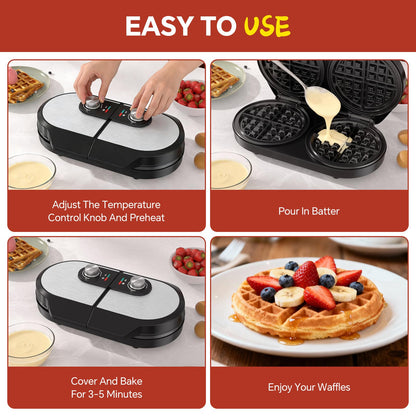 Double Waffle Maker, Belgian Waffle Maker, 6.5 Inch Waffle Iron with 2 Independent Adjustable Temp Knobs & Indicator Lights, Easy-Clean Nonstick Plates, Stainless Steel, Black