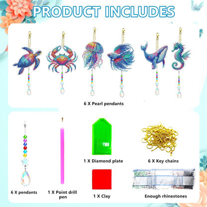 JeCuiK 6 Pcs Ocean Diamond Art Kits for Adults Diamond Painting Wind Chimes Sea Animal Diamonds Painting Suncatcher Double Sided Small Diamond Painting Kits Best Gifts for Mom