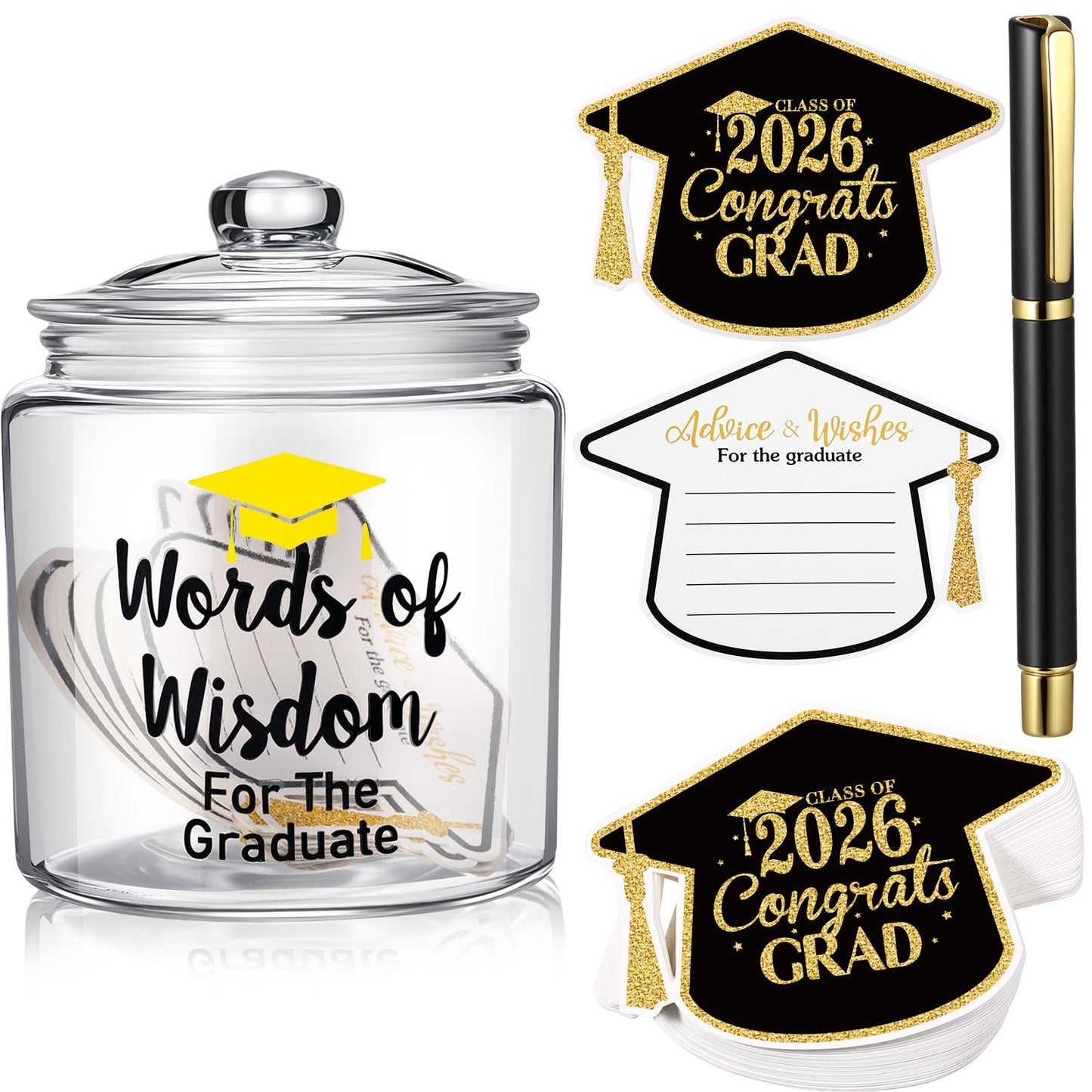 Mimorou 52 Pcs 2026 Graduation Gifts Memory Jar Advice Cards Graduate Party Favors Words of Wisdom Glass Bottle Guest Book Cards with Black Pen Senior School College Graduates Gifts Party Decorations