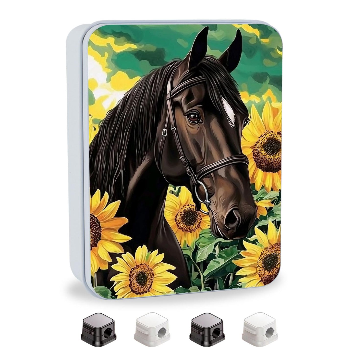 VACGBJPG Metal Tin Box with Lid for Game Cards Home Organizer Candles Keys Crafts Storage - Equipped with 4 Magnetic Cord Clips，Horses and Sunflowers