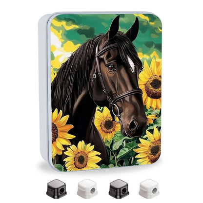 VACGBJPG Metal Tin Box with Lid for Game Cards Home Organizer Candles Keys Crafts Storage - Equipped with 4 Magnetic Cord Clips，Horses and Sunflowers