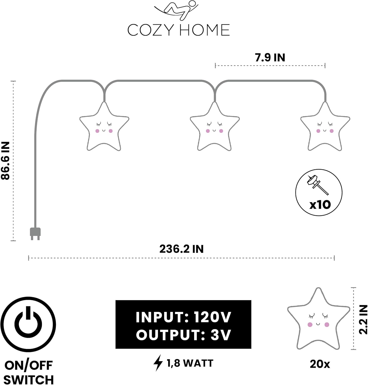 Cobus CozyHome 5 20 Children's Star Fairy Lights - Meters & Warm White LEDs I Lighting Garland for bedrooms I Lighting