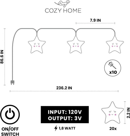 Cobus CozyHome 5 20 Children's Star Fairy Lights - Meters & Warm White LEDs I Lighting Garland for bedrooms I Lighting