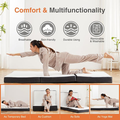 Sweetcrispy Tri-Fold Memory Foam Mattress - 4-Inch Portable Bed Pad for Travel, Camping & Yoga | Washable Cover