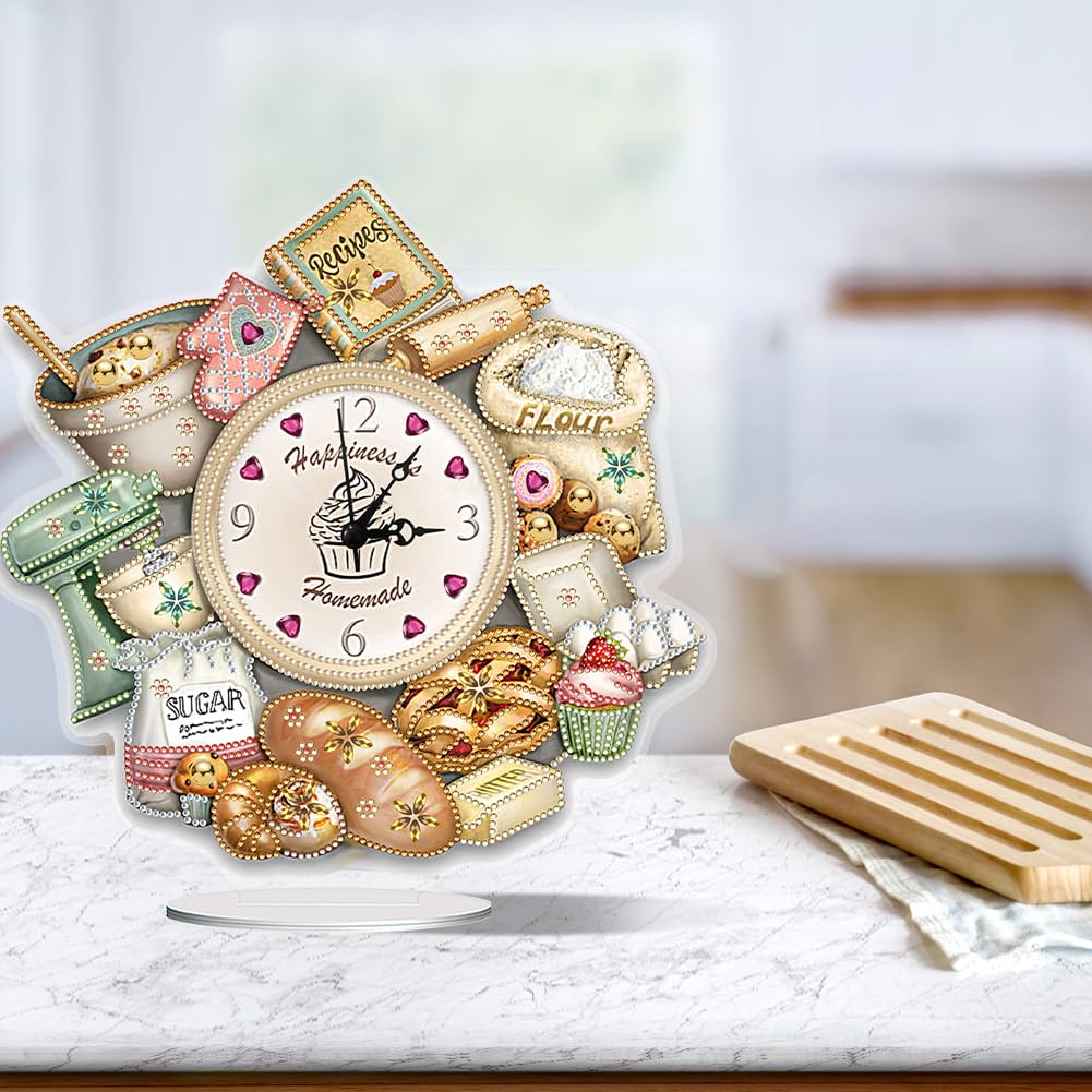 DIY 5D Diamond Art Table Clock - Special Shaped Crystal Rhinestone Bread Food Design Desktop Clock Kit for Home Office Decor, Handmade Arts and Crafts Gift for Adults Beginner
