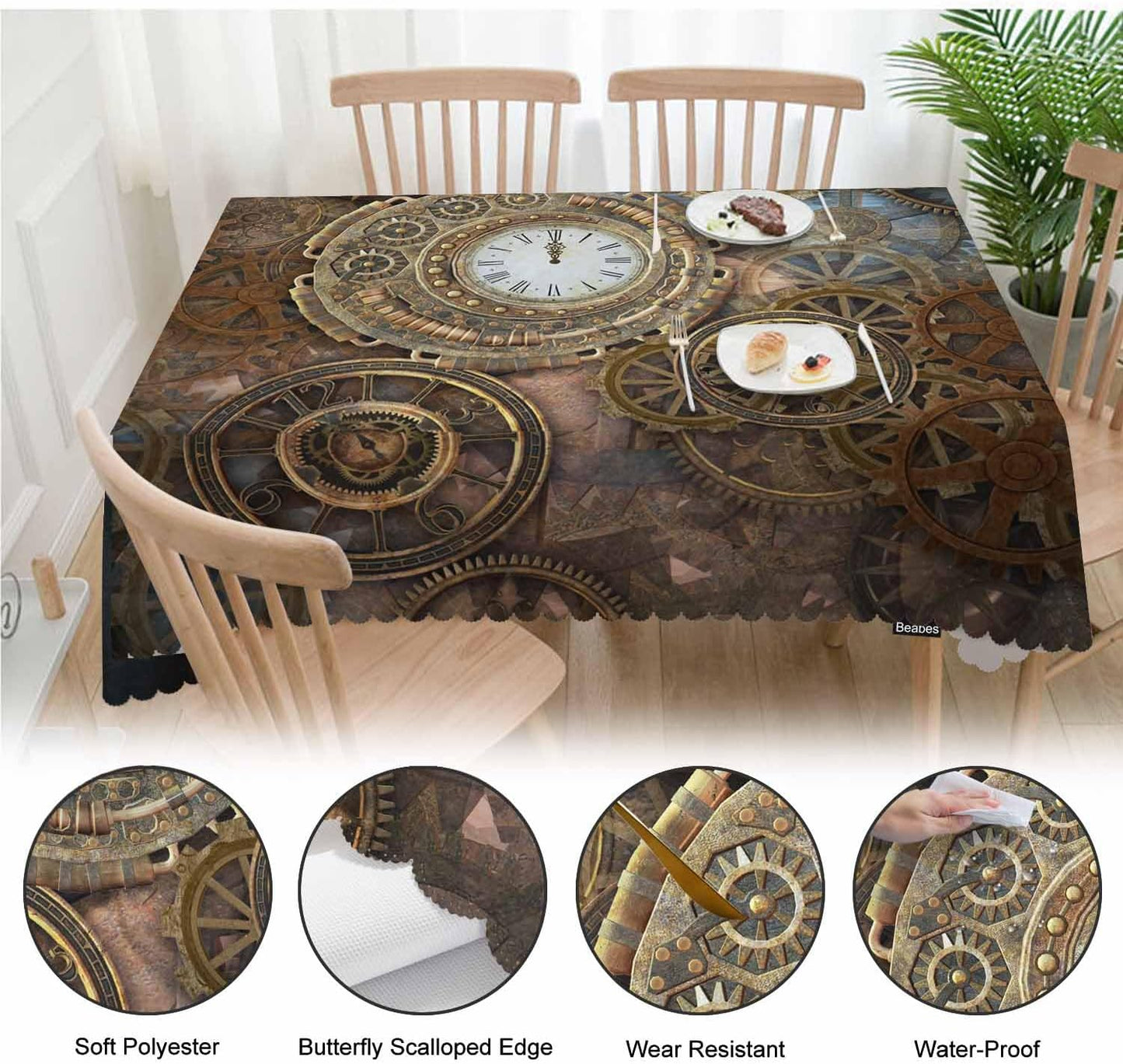 Beabes Clock Gears Tablecloth, Rusty Steampunk Design for Rectangle Tables, 52"X70" Indoor Outdoor Cover