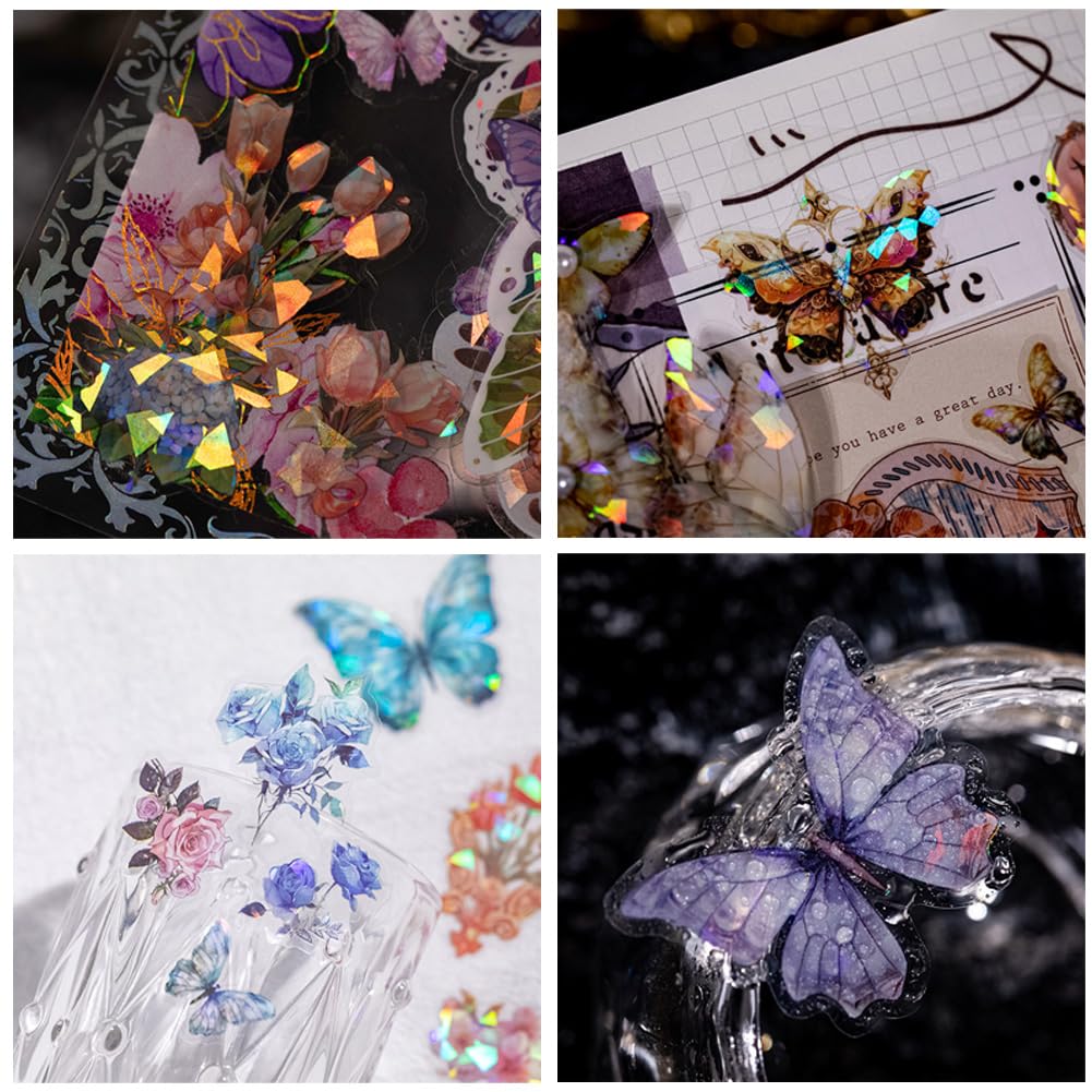 MAFELOE PET Scrapbook Stickers, 100 Sheets of Box Set, Aesthetic Deco Journaling Supplies for Junk Bullet Album Calendars Diary Planner- Flower& Butterfly Series