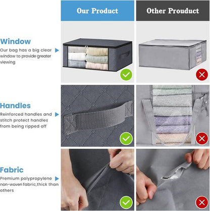 HomeHacks Clothes Organizer Storage Bags - Foldable 35L with Clear Window & Sturdy Handles | Gray 3-Pack