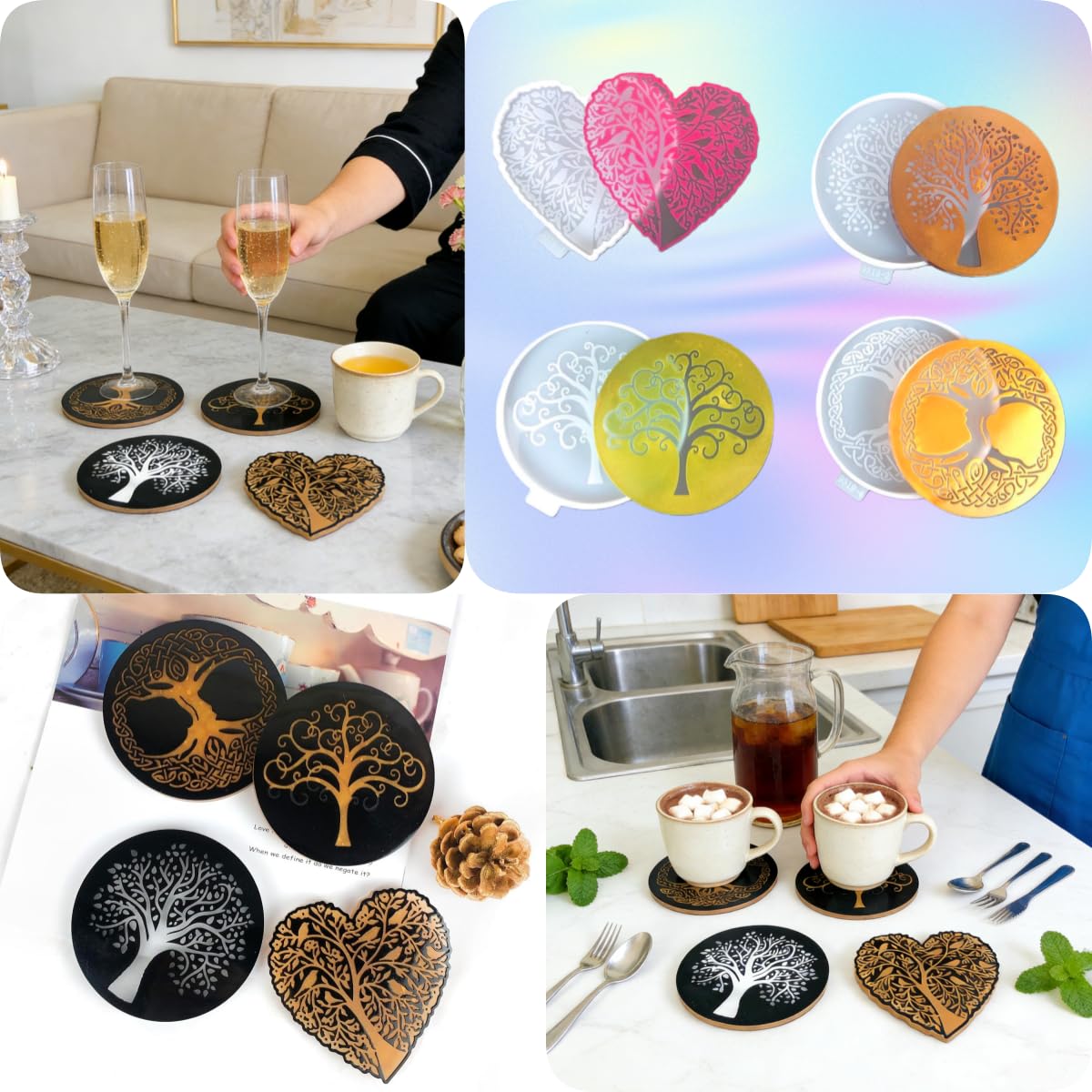 Tree of Life Silicone Resin kit, Round and Heart Coaster Resin molds Silicone, 4-Piece Epoxy Molds for Cup Mats, Table Decorations