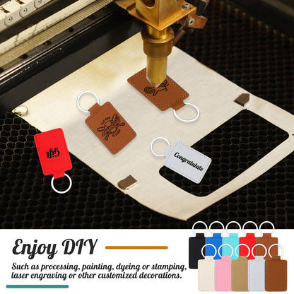 Wonderjune 50 Pcs PU Leather Keychain Blanks Bulk with 50 Rings Laser Engraving Blanks Keychain Kit for DIY Supplies Gifts(Multicolored)