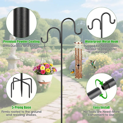 Skiennix 79-Inch Double Shepherds Hooks - Heavy Duty Bird Feeder Pole with 5-Prong Base for Lanterns & Hummingbird Feeders