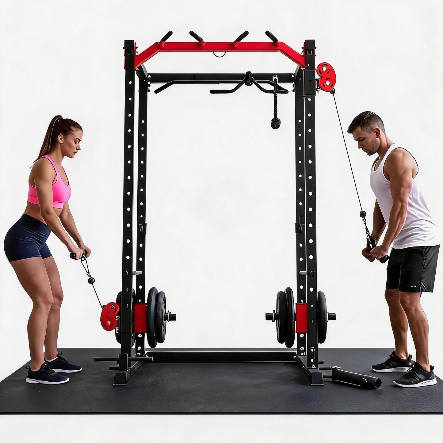Power Cage with Dual Independent LAT Pulldown & Cable Crossover System – 2000LBS All-in-1 Home Gym, 2-User Multi-Functional Power Rack with Adjustable Dual Pulleys, Squat Rack for Garage & Home