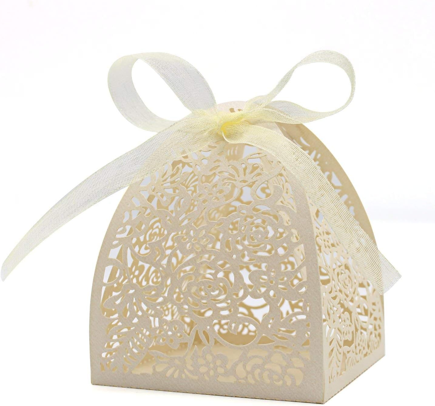 KPOSIYA 100 Pack Laser Cut Rose Candy Favor Boxes 2.5"x 2.5"x 3.1" for Bridal Shower, Anniversary, Birthday Party