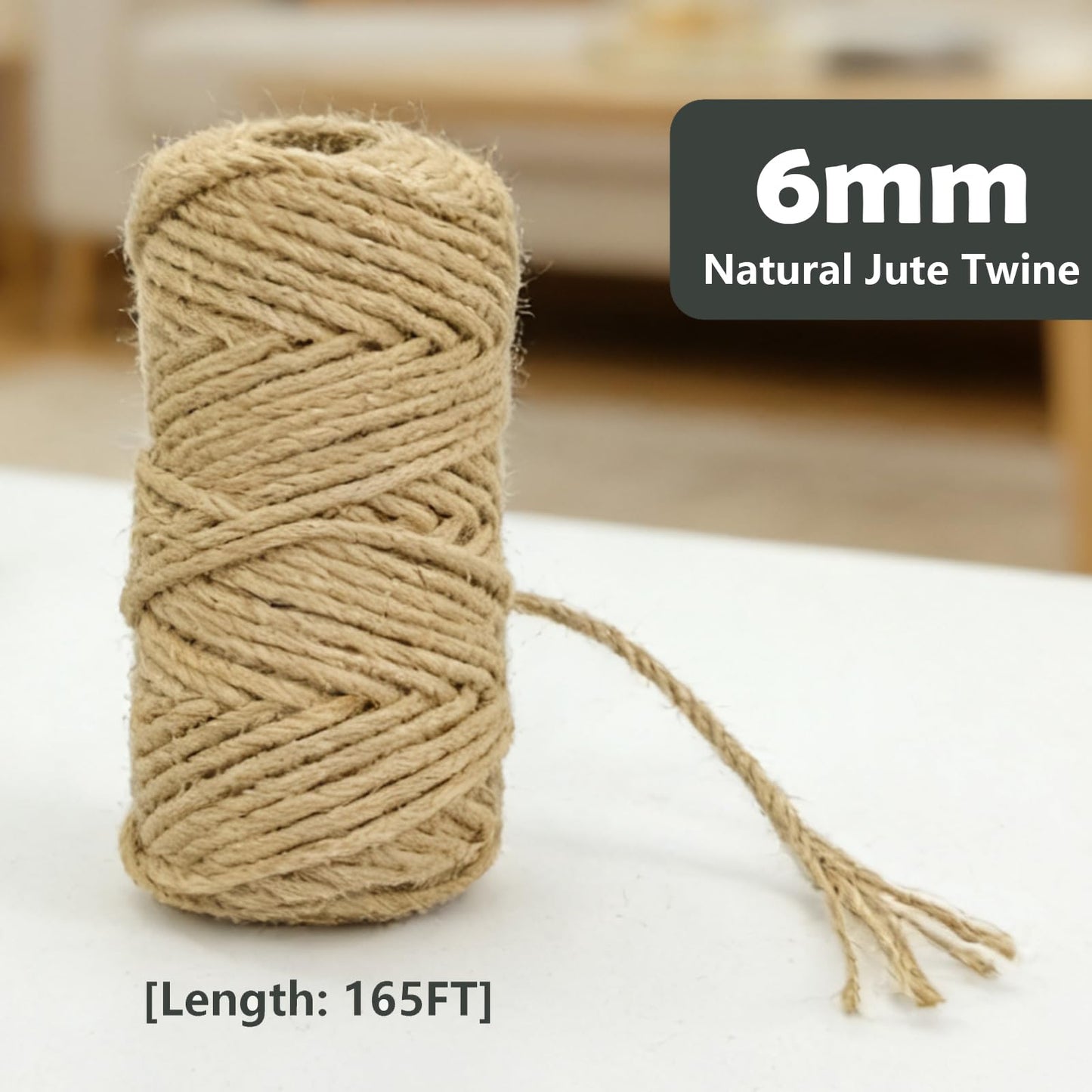WEISGJA 165 Feet Natural Jute Twine, 6mm Heavy Duty Thick Braided Jute Rope Roll, Decorative Natural Sisal Rope for Cat Trees, DIY Projects, Gardening, Home Decor, Crafts, Packaging (6MM)
