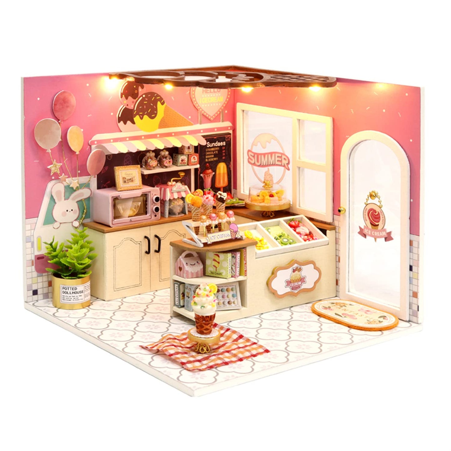 Flever DIY Miniature House Kit, Tiny Home Kit with LED Light, Mini House Build Craft Kits for Adults and Teens, Home Decor Creative Gift for Family/Friends (Happiness ice Cream Shop)