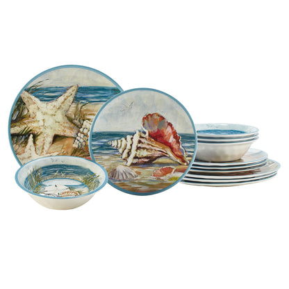 Seacoast Melamine 12 Piece Dinnerware Set – Coastal Beach-Themed Plates and Bowls, Service for 4 with Shell and Ocean Art, Break-Resistant BPA-Free Reusable Dinnerware, Dishwasher Safe Indoor/Outdoor