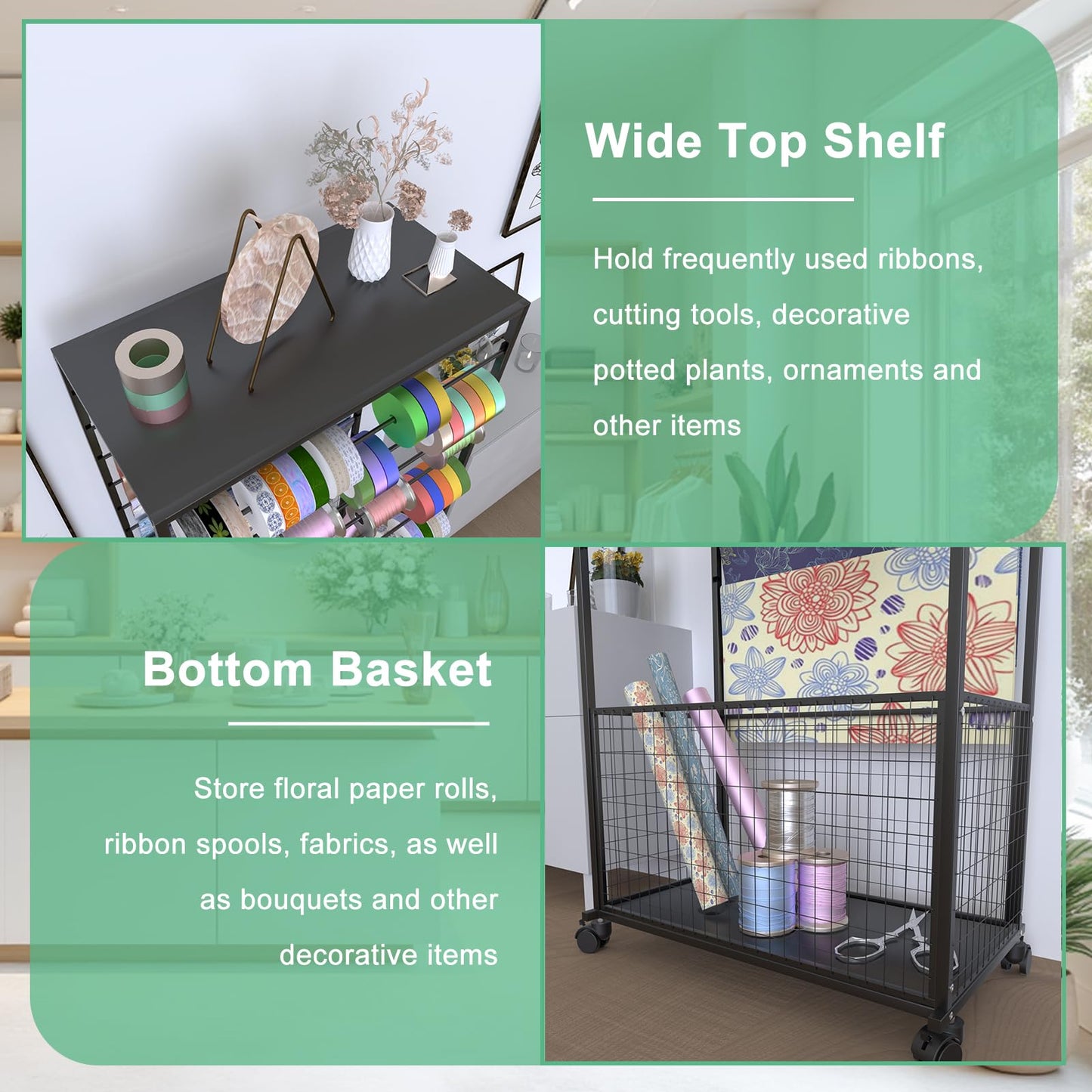 FWTXZTER 16 Tier Ribbon Organizer Rack, Double-Sided Ribbon Storage Holder for Craft Room, Floral Wrapping Paper Stand with Wheels, Rolling Ribbon Spool Racks Metal Display Shelf Sewing Station Cart