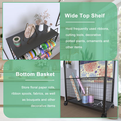 FWTXZTER 16 Tier Ribbon Organizer Rack, Double-Sided Ribbon Storage Holder for Craft Room, Floral Wrapping Paper Stand with Wheels, Rolling Ribbon Spool Racks Metal Display Shelf Sewing Station Cart