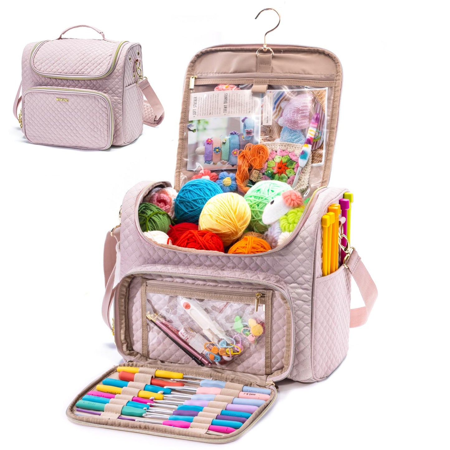 MYBAGZING Crochet Bag Organizer - Quilted Storage Bag with Hanging Hook, Ideal for Knitting & Crochet Accessories