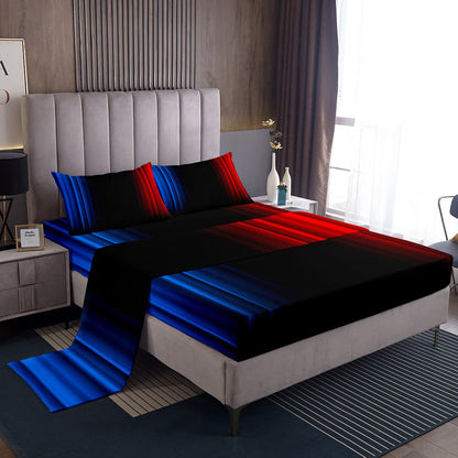 Feelyou Geometric Abstract Ombre Women Bed Sheets Kids Teens Blue Red and Black Striped Sheet Set Decor Modern Fashion Bed Set Bedroom Collection 4Pcs Queen Size
