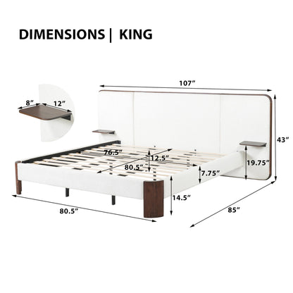 Merax King Size Upholstered Platform Bed Frame with Large Curved Headboard,Built-in Floating Shelves,Wood Slats and Metal Support for Bedroom,Noise-Free