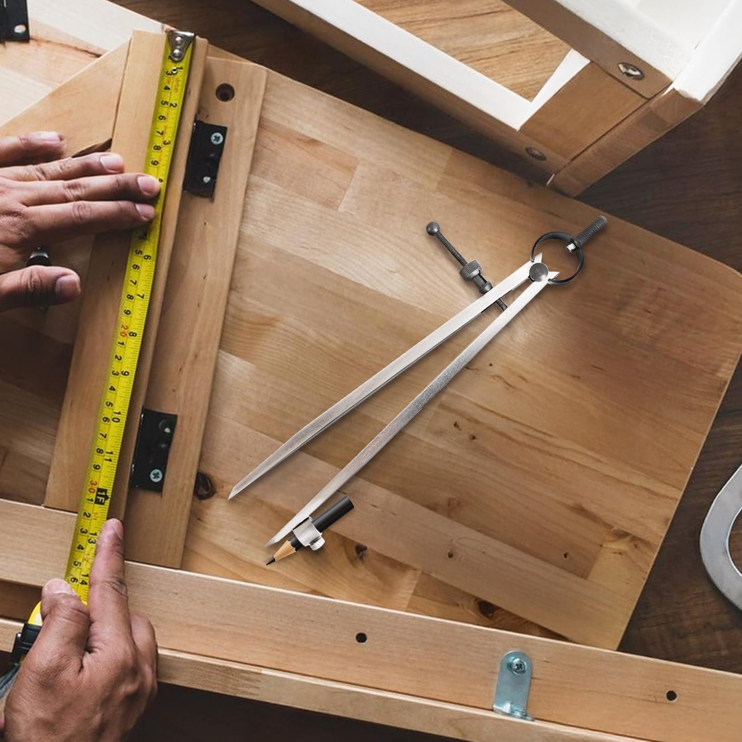 12 inch Professional Woodworking Compass Scribe, Spring Wing Drafting Divider 0.27 inch Thick Scriber with Pencil Holder,Metal Leather Work Scribe Tool Carpenter Compass for Geometry