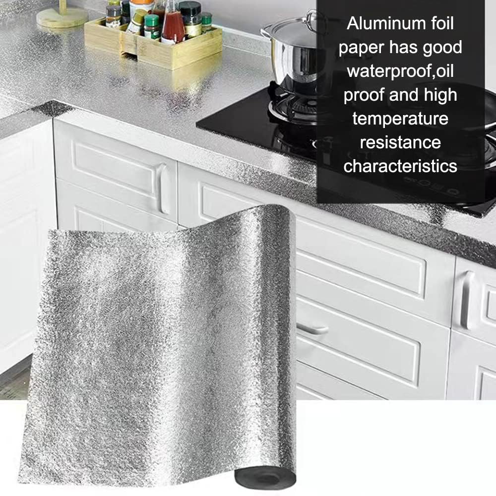 Kitchen Waterproof Oil Proof Aluminum Foil Sticker, Removable Self Adhesive Paper for Countertops (15.7"x197")