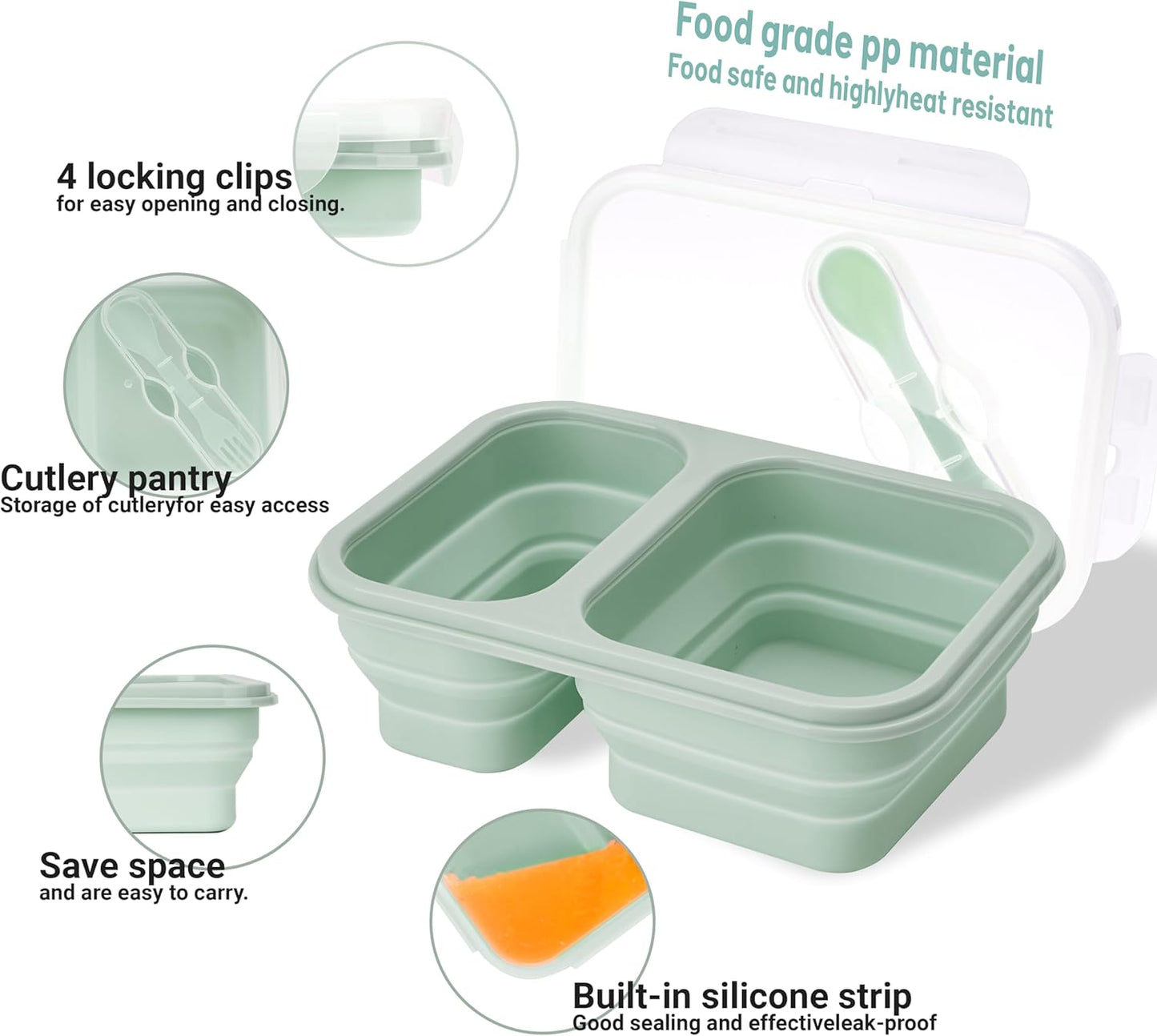 Green Collapsible Lunch Containers with Lid, 2 Compartments | Foldable Silicone Bento for Adults | BPA-Free Food