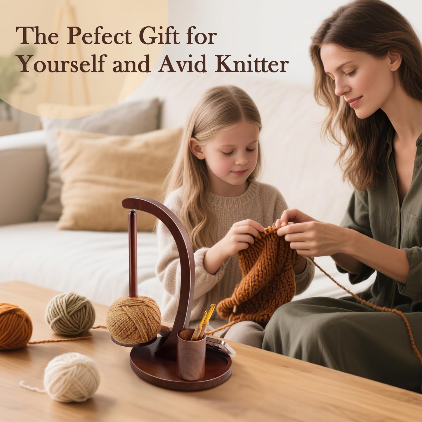 Sewovvmu Crochet Yarn Holder, Yarn Spinner for Crocheting with Phone Stand & Crochet Accessories Storage, Crochet Gift for Knitting Lovers (Brown)