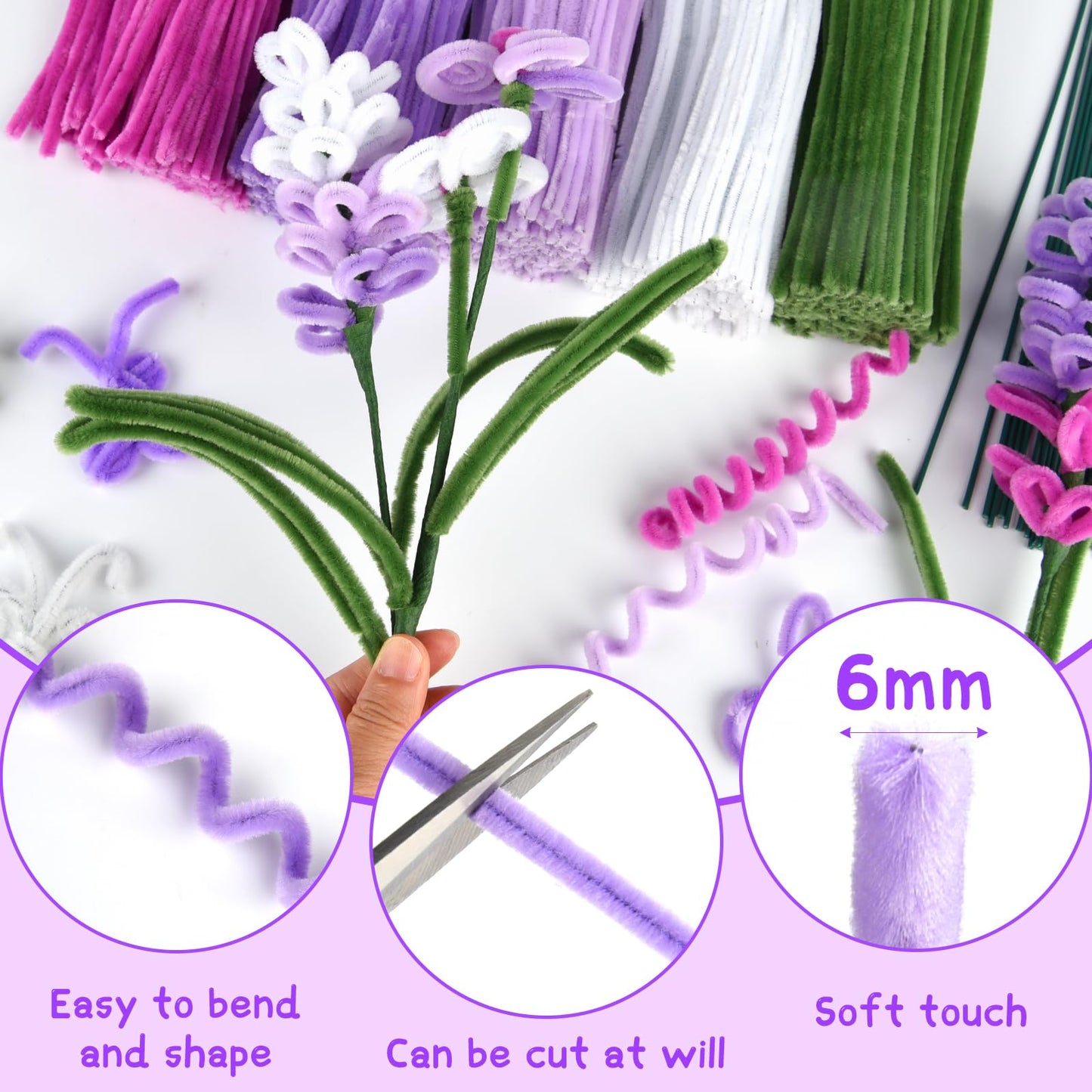 ASTARON 521 Pcs Pipe Cleaners Craft Set, 5 Colors Pipe Cleaners Bulk Pastel Chenille Stems for Craft Pipe Cleaner Flowers Making Kit with Floral Wires, Gardening Tape (Purple Series)